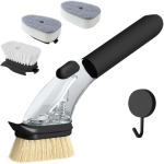 DAPOWER Dish Brush with Handle, Dish Scrubber with Soap Dispenser, Kitchen Scrub Brush for Dishes Pots Pans Sink Cleaning, 4 Replaceable Brush Heads (Black)